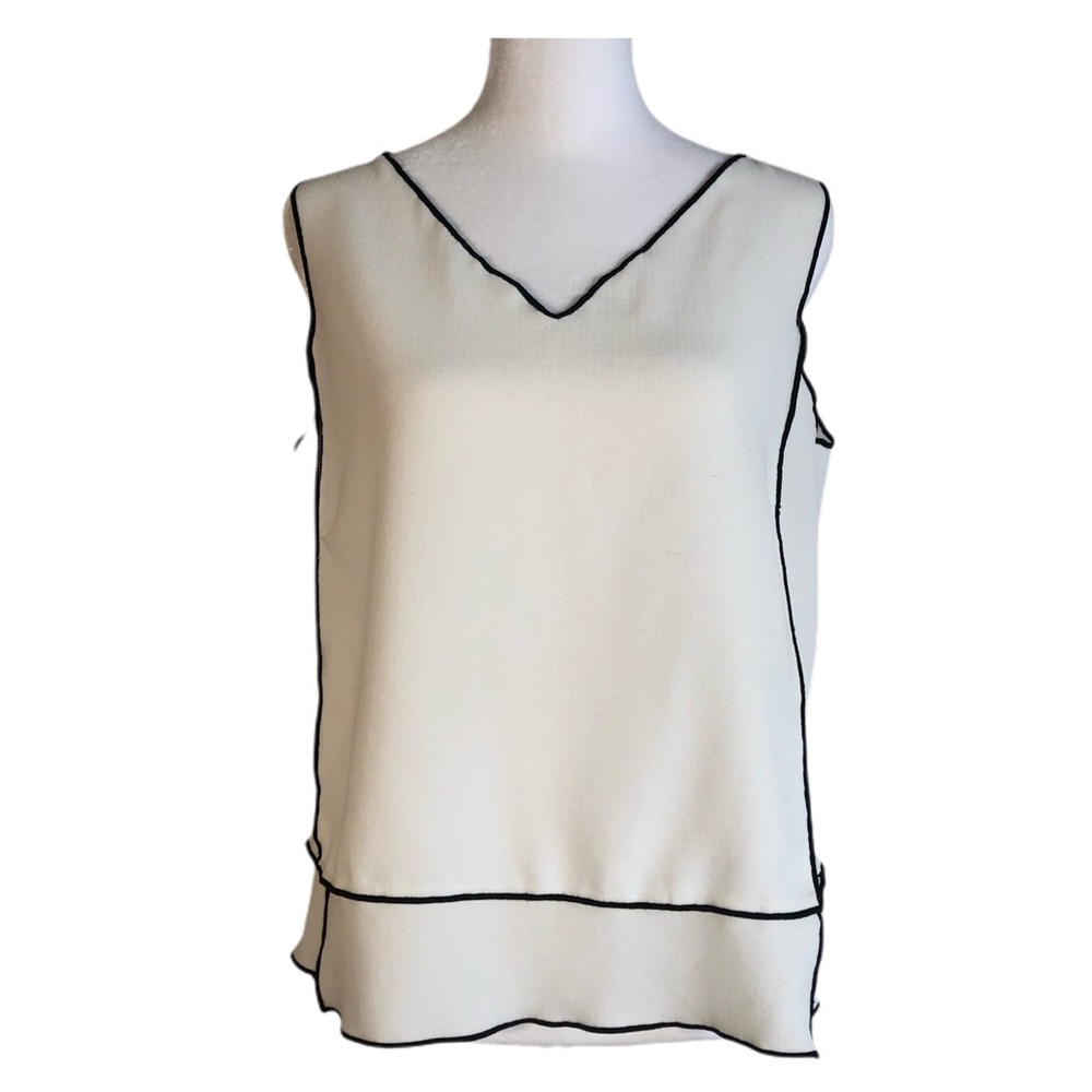 Zara Sleeveless Blouse White Black Trim V Neck